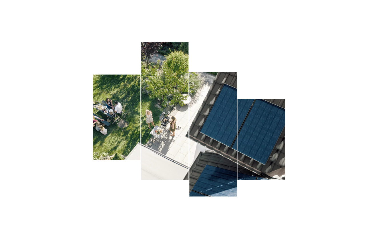 Vogelperspektive eines Solardachs und Gartens