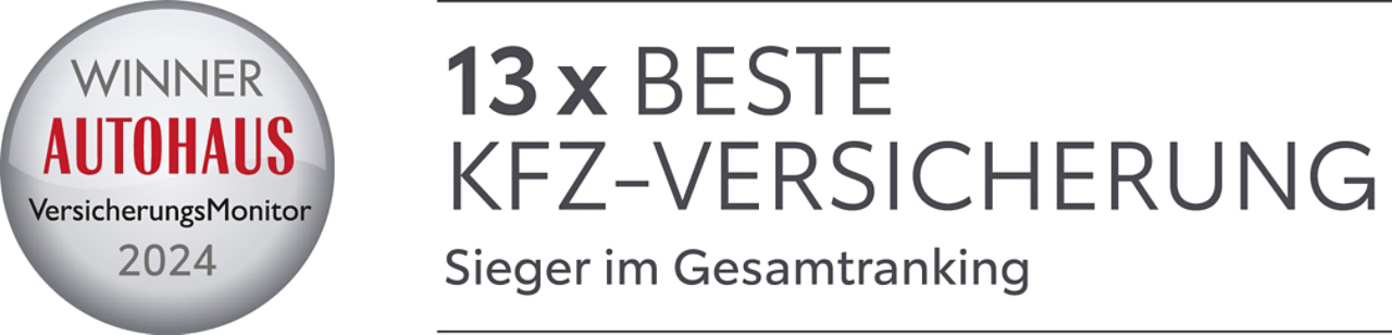 Logo vom Autohaus Versicherungsmonitor, daneben Text: 13x Beste KFZ-Versicherung: Sieger im Gesamtranking