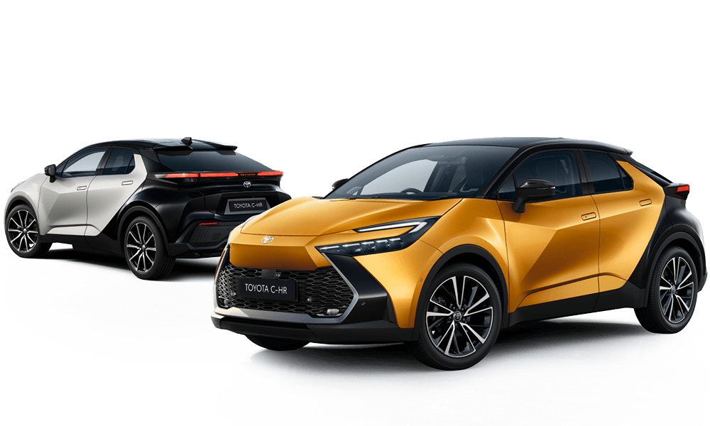 Ein schwarz-orangener Toyota C-HR steht schräg zur Kamera, dahinter steht ein silbener Toyota C-HR